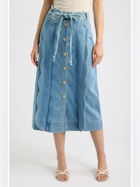 Farm Rio Tie Waist Denim Midi Skirt Size 28 MISSING BUTTON